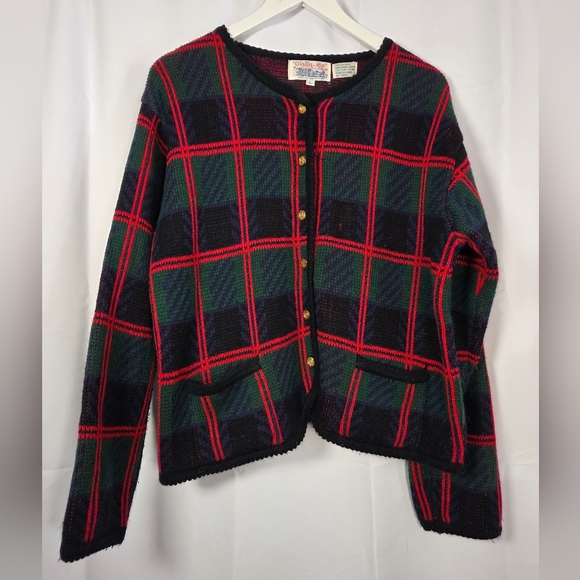 Tally Ho Sweaters - Vintage Tally Ho Cardigan Sweater Womens L Green Red Plaid Long Sleeve
